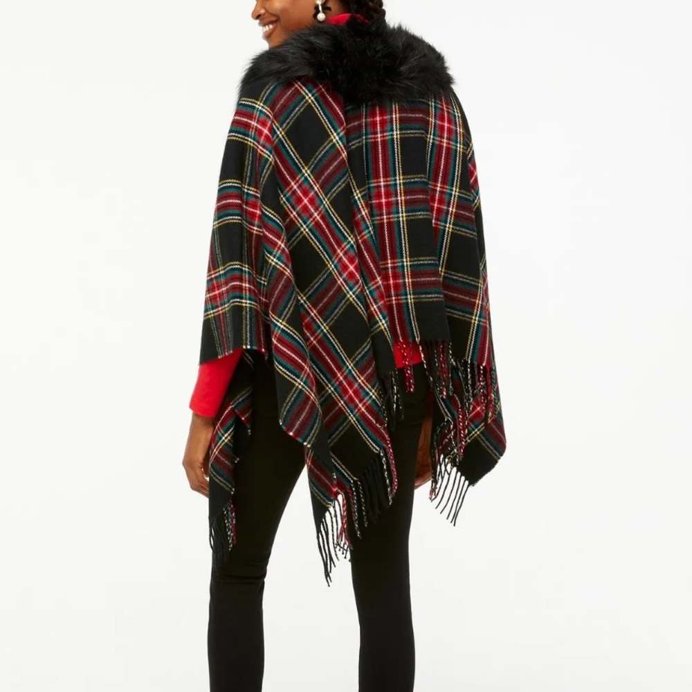J. Crew Black Plaid Wrap with Faux Fur Collar - Picture 7 of 10